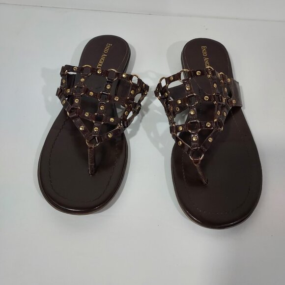 Enzo Angiolini Gladiator Sandals Flip Flops Rivets Brown Gold Women Size 7.5 - Picture 6 of 9